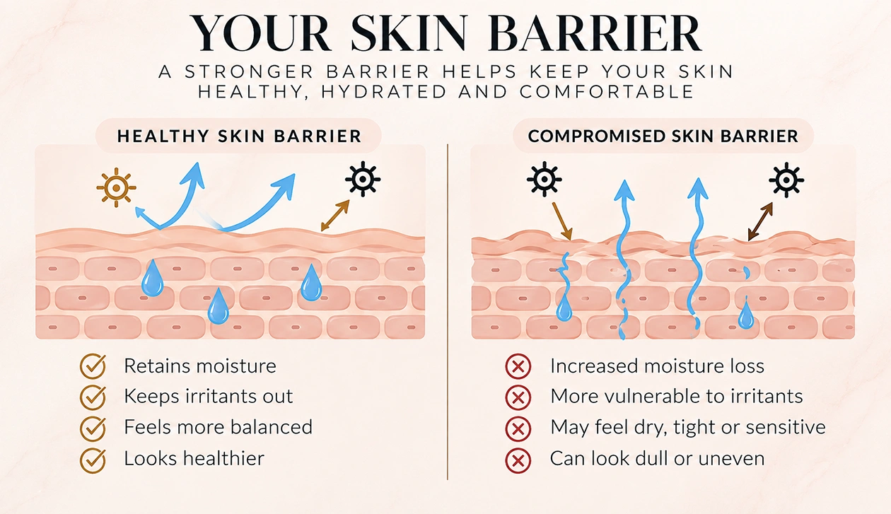 Understanding your skin barrier: skin cells and lipids help retain moisture, while a disrupted barrier allows increased moisture loss.