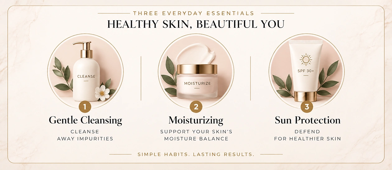 Simple home-care routine: gentle cleansing, moisturizing, and sun protection.
