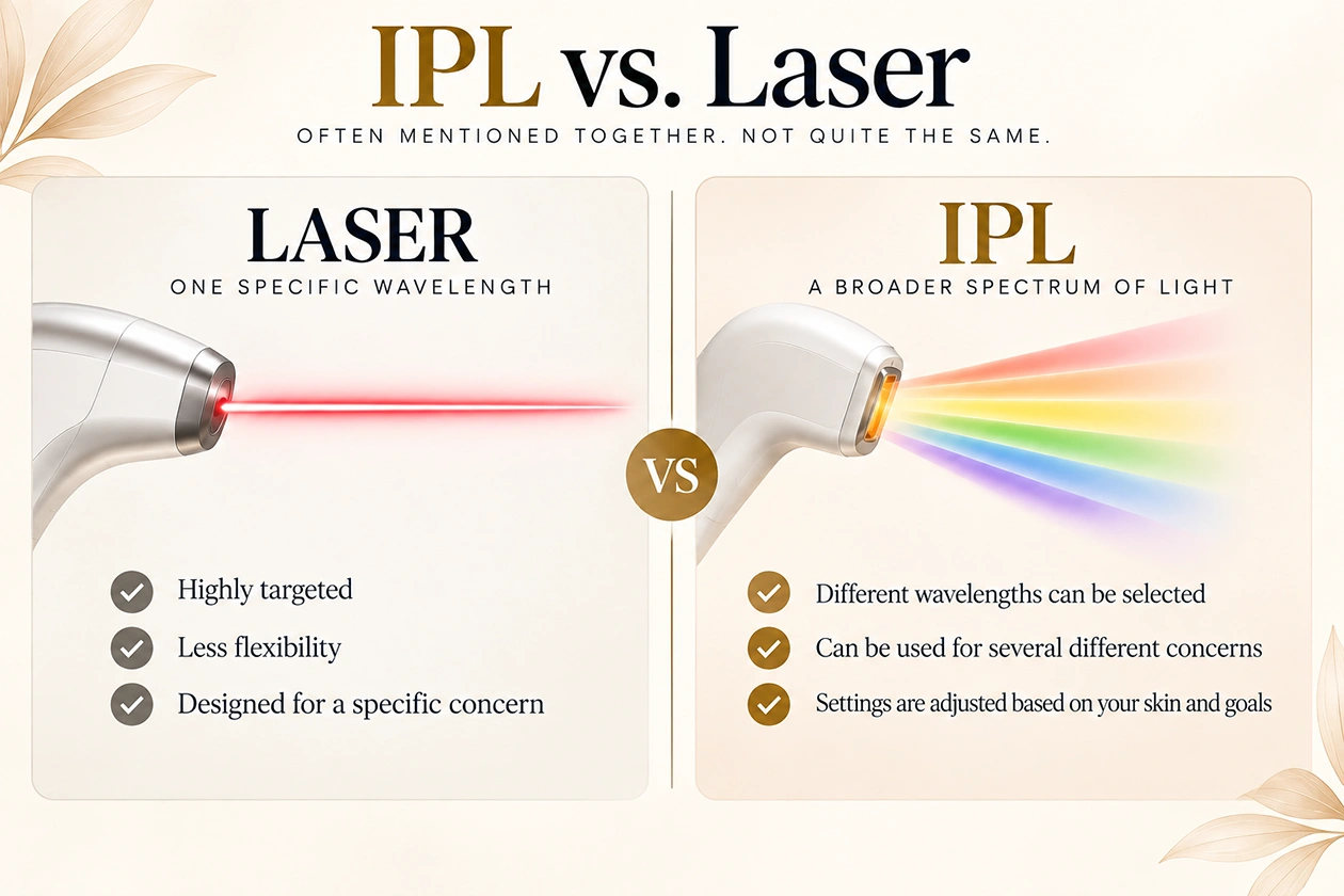 Laser light typically has one specific wavelength; IPL uses a broader spectrum of light selected with filters and settings.