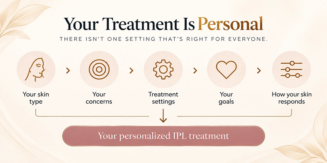 Skin type, concerns, treatment settings, goals, and skin response shape your personalized IPL treatment.