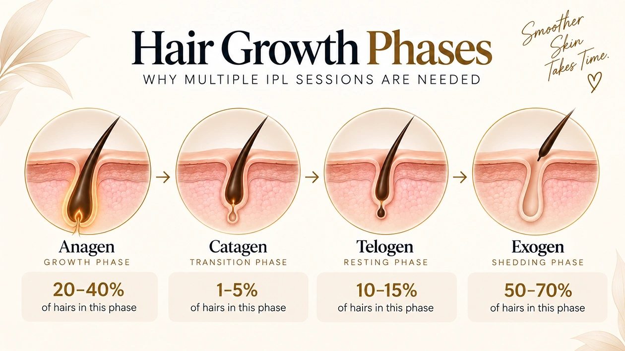 Hair grows through anagen (growth), catagen (transition), telogen (rest), and exogen (shedding).