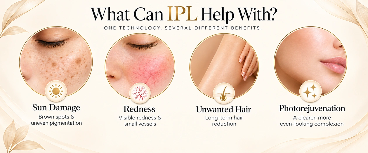 IPL can help with sun damage and brown spots, redness and small vessels, unwanted hair, and a more even-looking complexion.