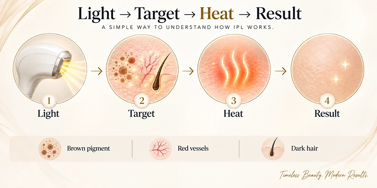 Light → target → heat → result: selected light is absorbed by pigment, vessels, or dark hair and converted into heat.