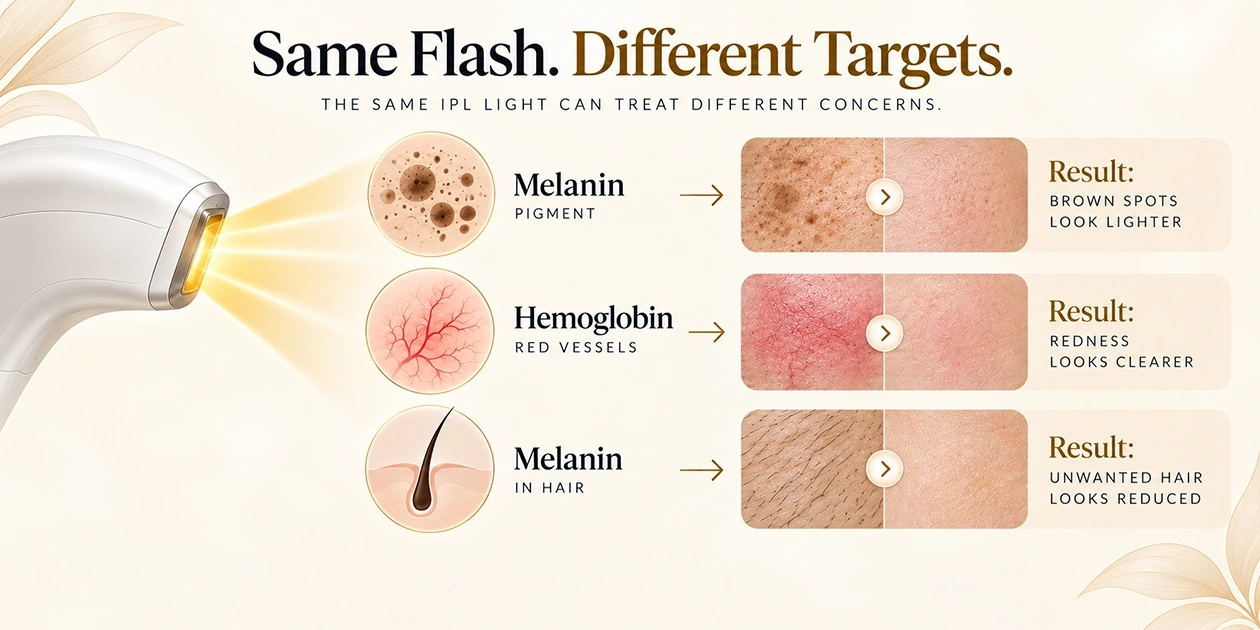 Different IPL targets: melanin in brown spots, hemoglobin in vessels, and melanin in hair.
