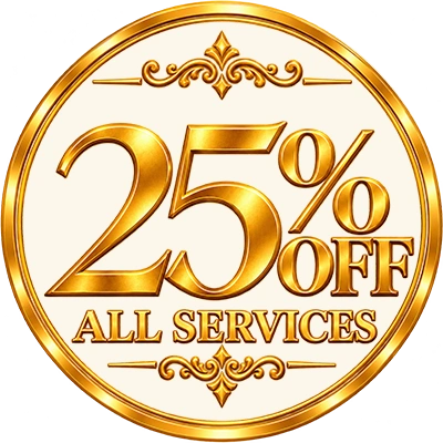 Gold badge advertising 25% off all services
