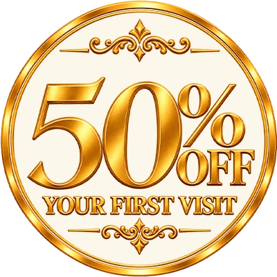 Gold badge advertising 50% off a first visit